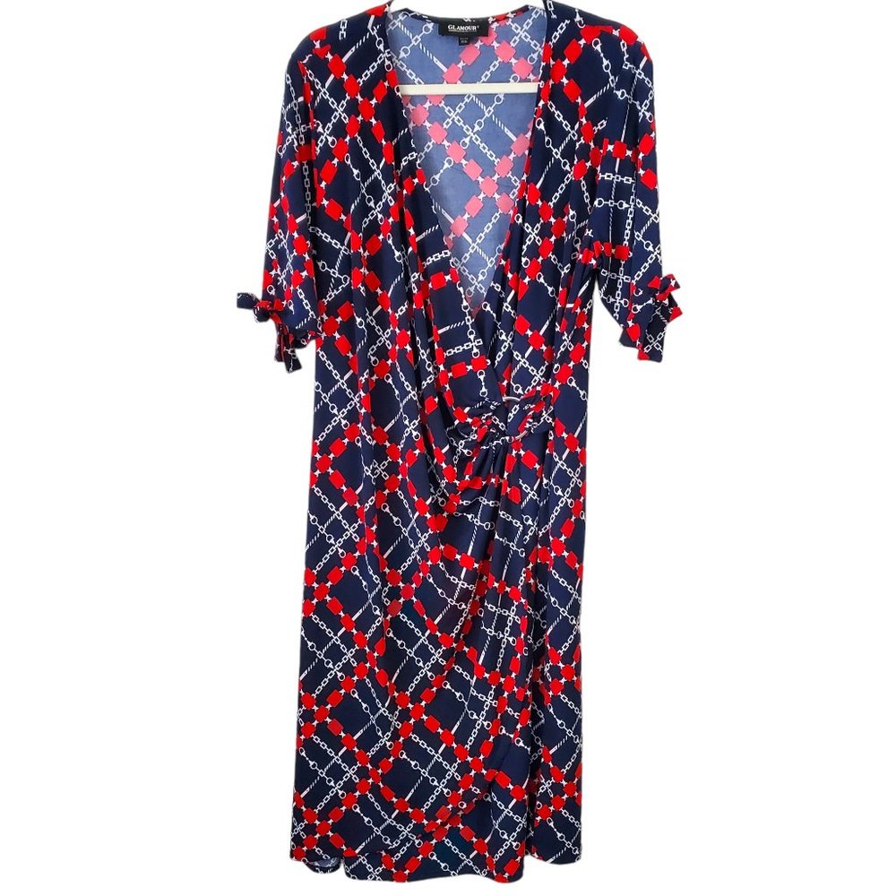 Glamour Red, Whie and Blue Faux Wrap Midi Dress